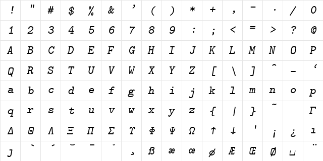 cmsltt10 Regular  glyph index