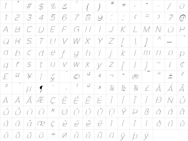 Sinkin Sans 100 Thin Italic 100 Thin Italic  glyph index