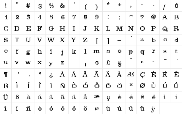 ClarendonTLigIn1 Regular  glyph index