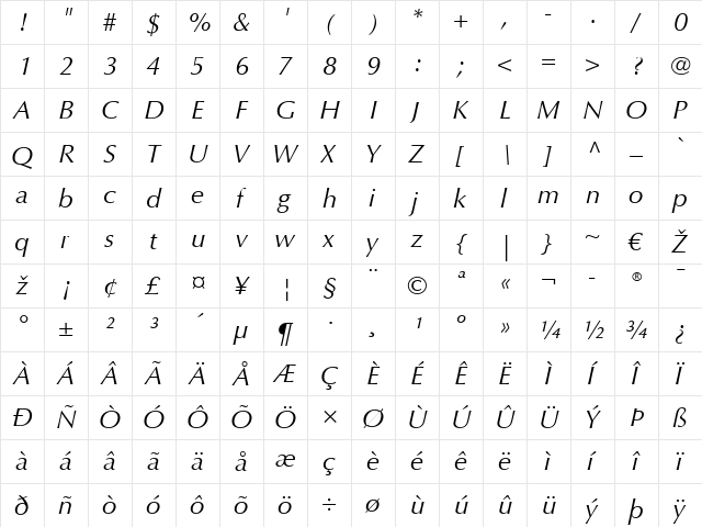 Optima LT Italic  glyph index