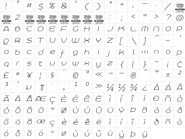 Roona Sans Thin PERSONAL Italic  glyph index