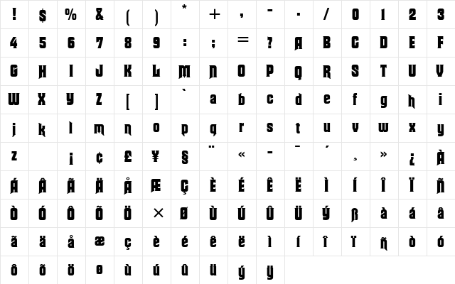 Macbeth Regular  glyph index