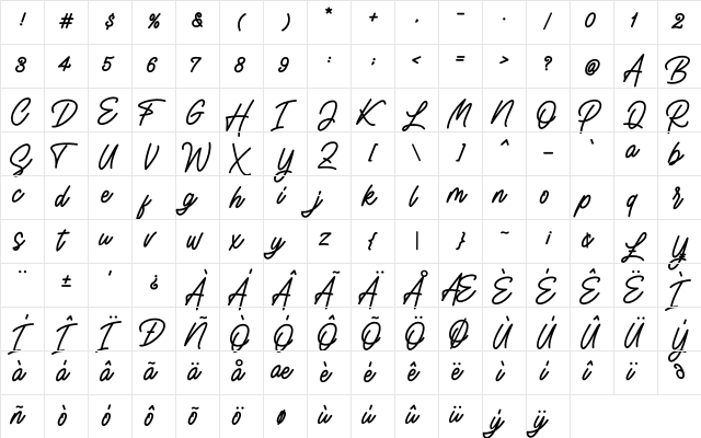 Watasyina Regular  glyph index