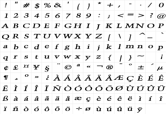 Congo Extended Bold Italic  glyph index