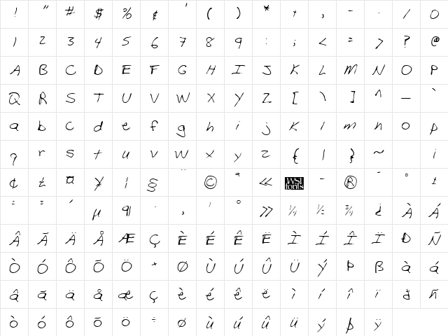 TracysHand Regular  glyph index