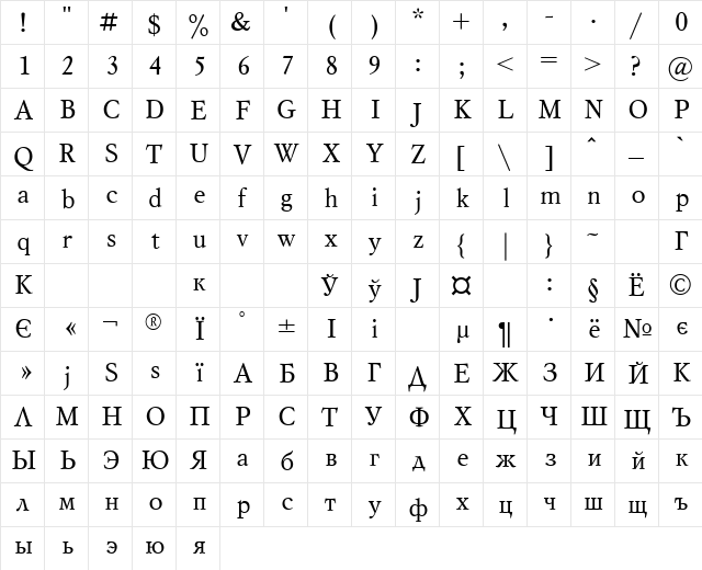 Mysl Regular  glyph index