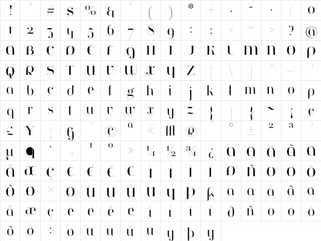 Jeanne Moderno OT Titling  glyph index