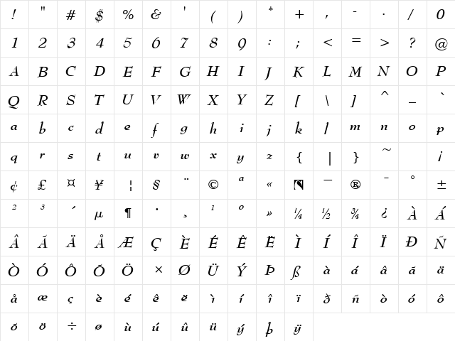 Bernard fed kursiv  glyph index
