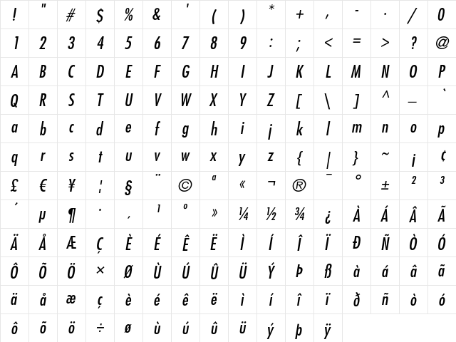Futura LT Condensed Medium Oblique  glyph index