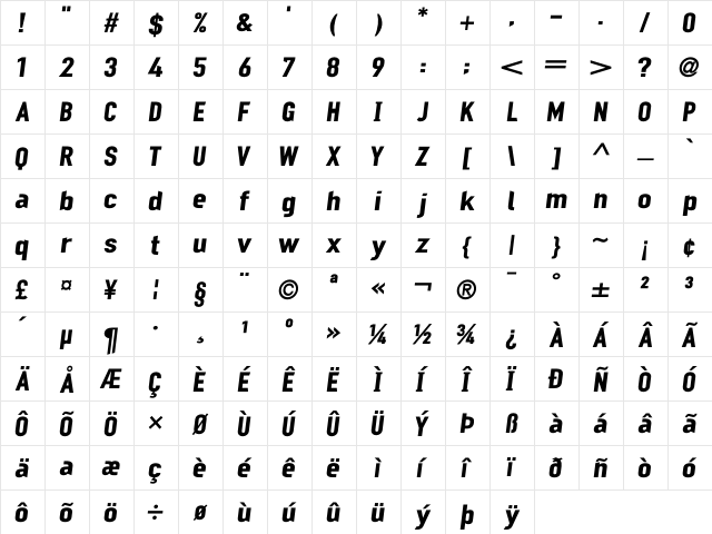 MechanicGothic Italic  glyph index