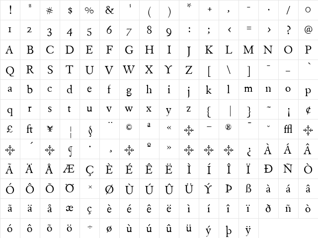EldoradoText-Roman Regular  glyph index