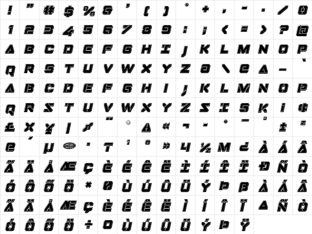 Domino Jack Bevel Italic Italic  glyph index