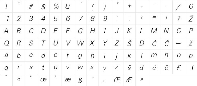 Universans450_PP Regular  glyph index