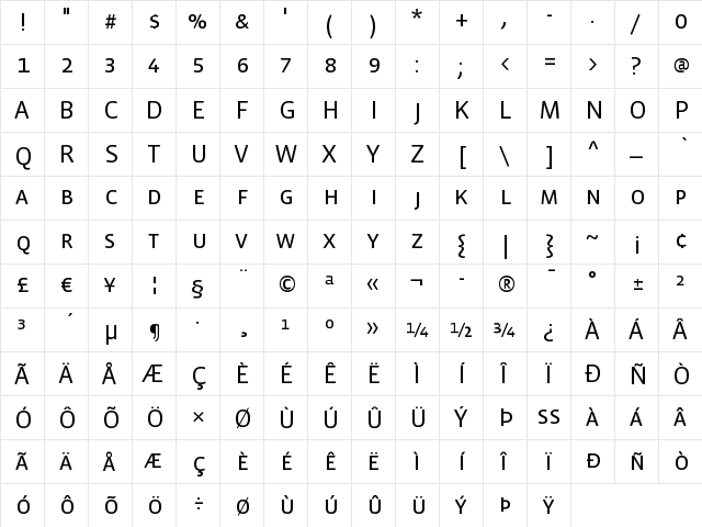 VistaSansSCBook Regular  glyph index