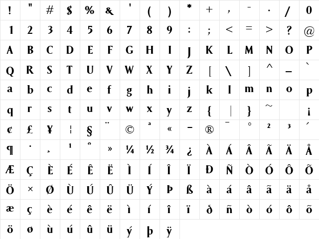 Saga Bold  glyph index