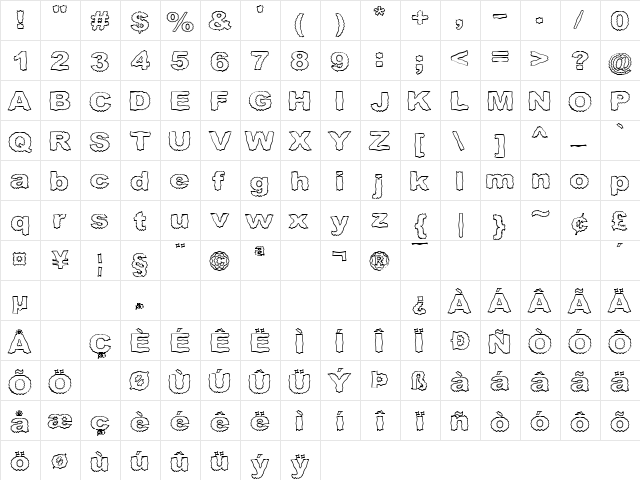 Roughhewn Outline Regular  glyph index