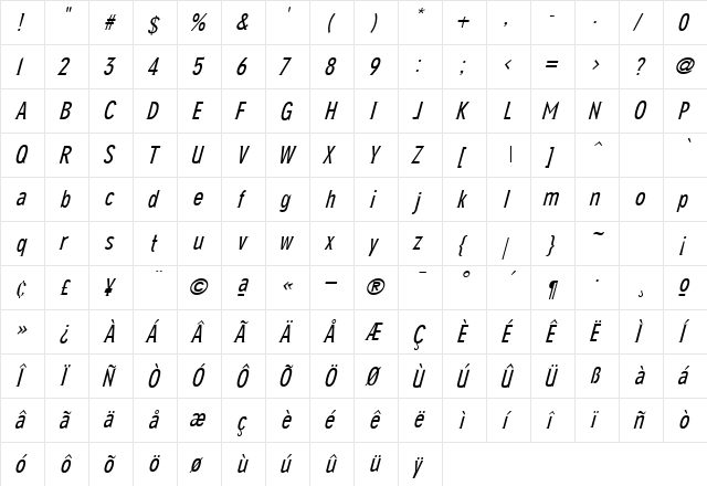 NewGlobalLight Italic  glyph index