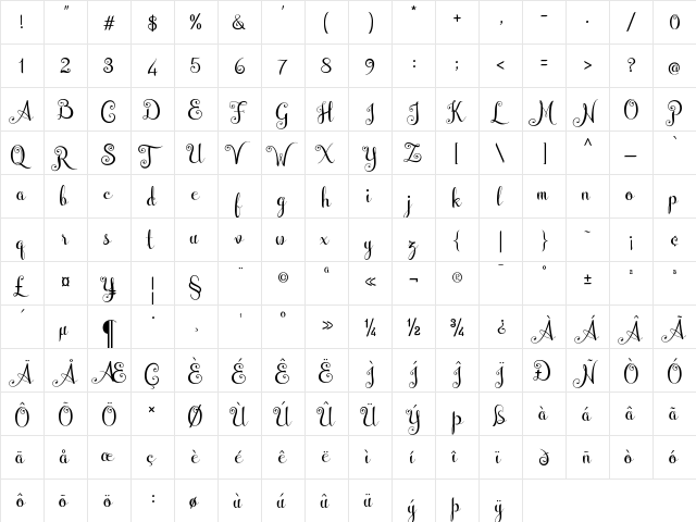 Wedding Font Regular  glyph index