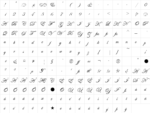 EdwardianScrITC ReguAlte  glyph index