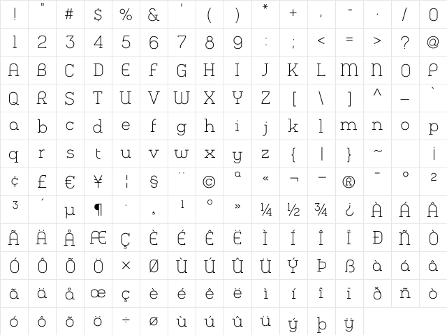 Charifa SerifThin Regular  glyph index