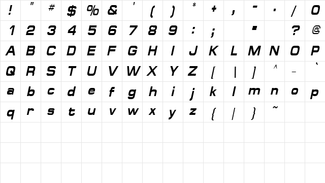 SpaceOutBoldCondensed Italic  glyph index
