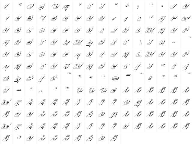 X-Racer 3D Italic Italic  glyph index