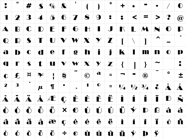Broadway Regular  glyph index