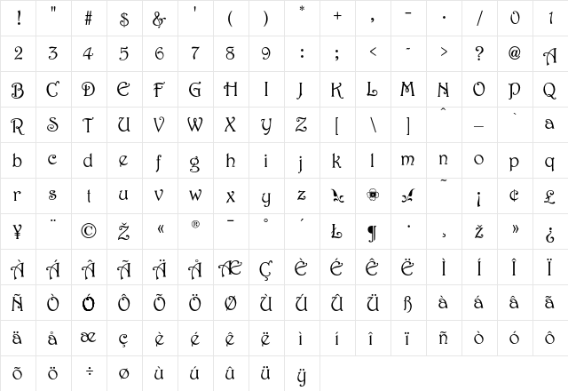 Harrington Regular  glyph index