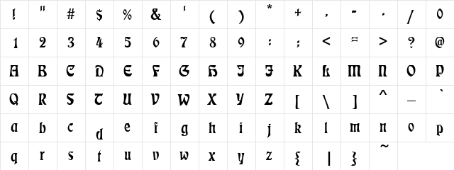 Dutch King Regular  glyph index