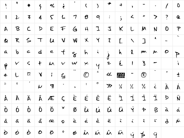 HaleysHand Regular  glyph index