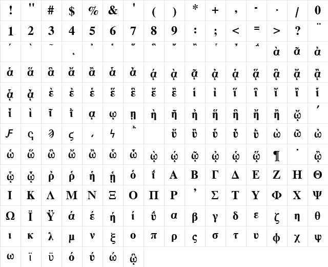 GreekTimesAncientSSK Bold  glyph index