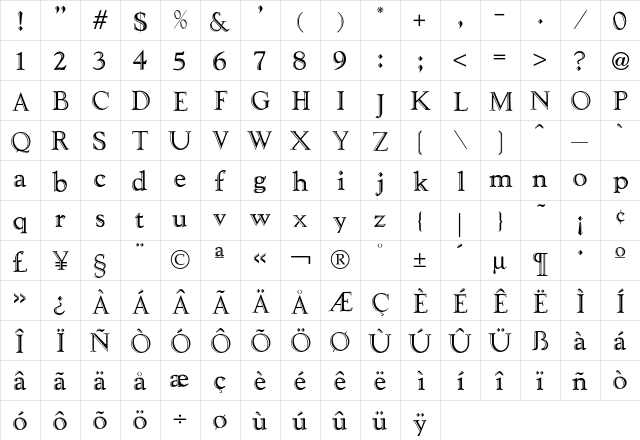 Liberty Regular  glyph index