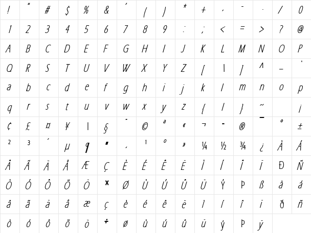 Eric Lite BoldItalic  glyph index