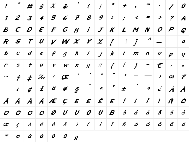 GeniusItalic Regular  glyph index