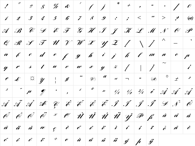 Englische Becker Joining Bold  glyph index