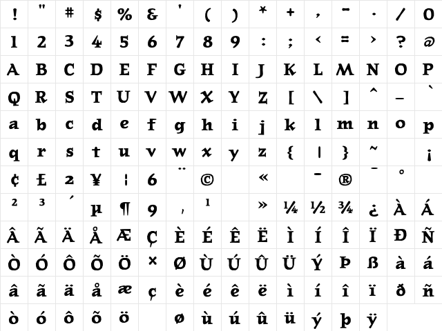 JournalLining Bold  glyph index