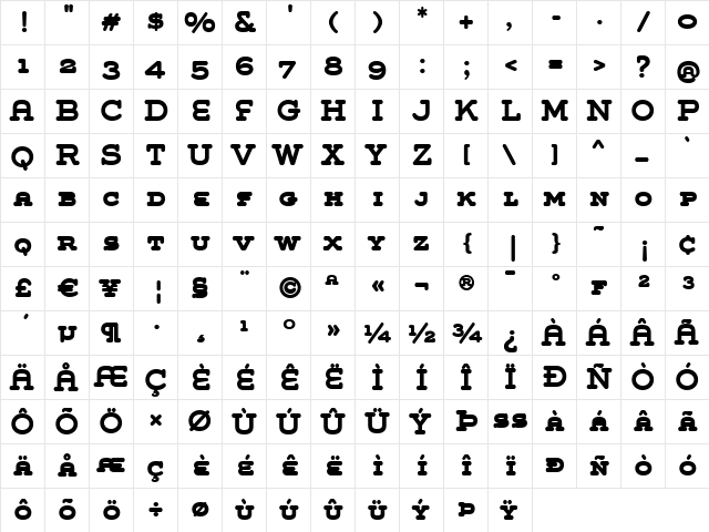 Grover Slab Caps Bold  glyph index