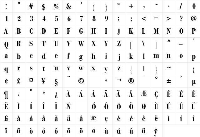 BodoniRecutCondSSK Bold  glyph index