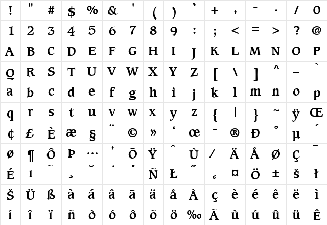 Caxton-Bold Regular  glyph index