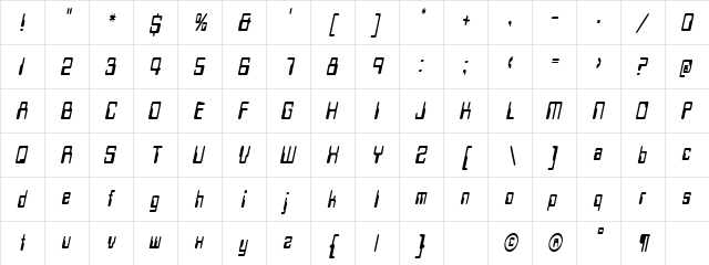 TechSchoolCondensed Oblique  glyph index