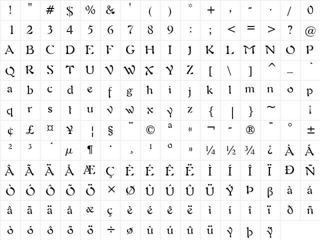 Freefrm721 BT Roman  glyph index