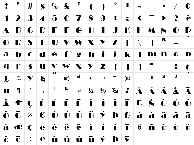 Broad Avenue Normal  glyph index