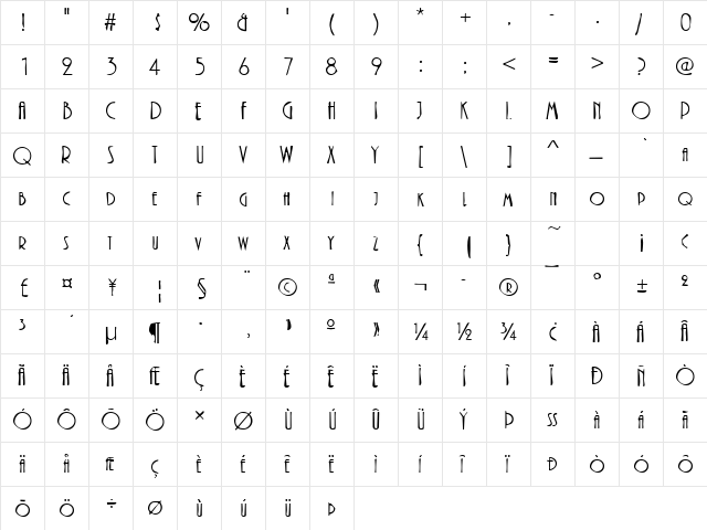 Dirty40 Becker Regular  glyph index