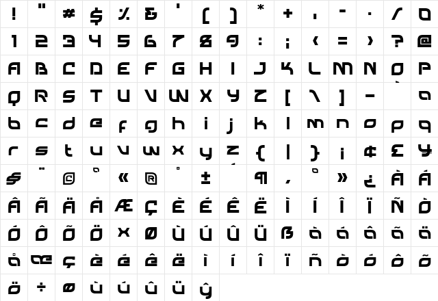 Klunk OT Bold  glyph index