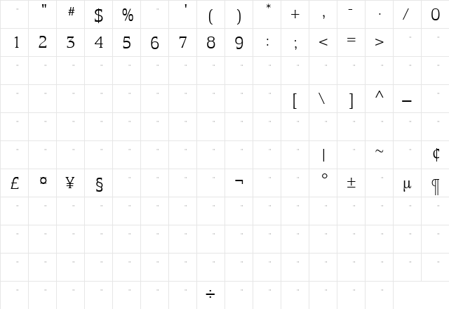 EquestrienneLightTab Roman  glyph index