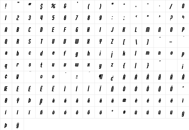 SF Willamette Bold Italic  glyph index