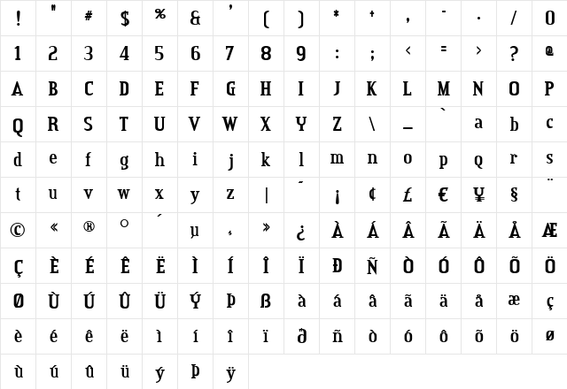 Credit Valley Bold  glyph index