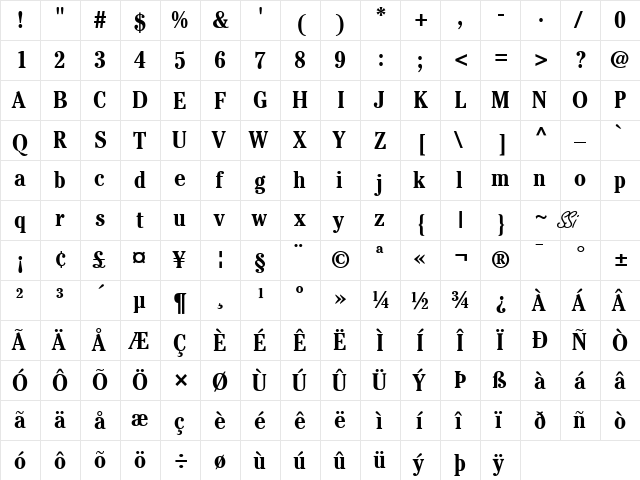 Cheltenham Condensed SSi Bold Condensed  glyph index