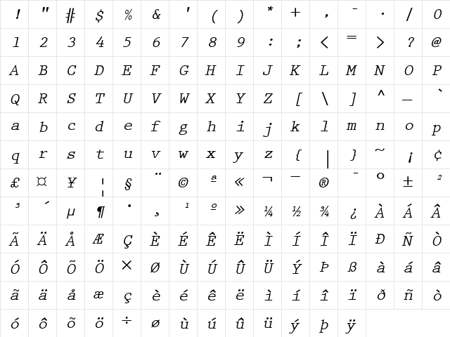 PrestigeEliteSlanted BoldItalic  glyph index