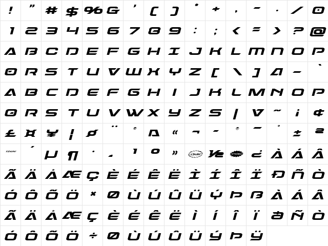 Dameron Expanded Italic Expanded Italic  glyph index